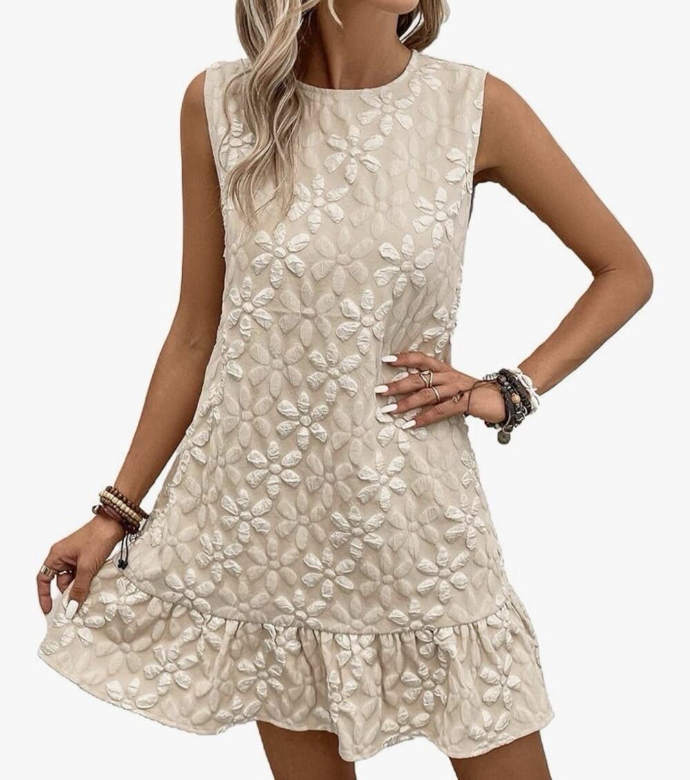 SolyHux Ruffle Hem Tank Jacquered Dress, Beige, XXS